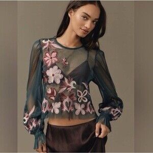 Anthropologie Women’s Sz M The Layla Long Sleeve Applique Mesh Blouse in Green